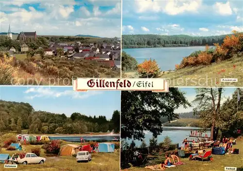 AK / Ansichtskarte 73865664 Gillenfeld_Eifel Ortsansicht mit Kirche Pulvermaar Holzmaar Campingplatz Freibad Gillenfeld_Eifel