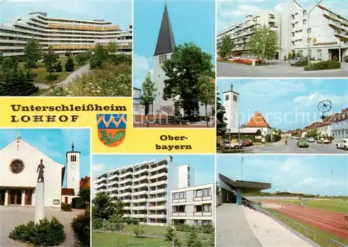 AK / Ansichtskarte  Lohhof_Muenchen Modernes Wohnzentrum Hochhaeuser Kirche Sportstadion Lohhof Muenchen