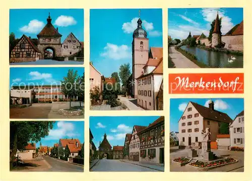 AK / Ansichtskarte 73865877 Merkendorf_Mittelfranken Teilansichten Stadttor Kirche Partie am Fluss Denkmal Merkendorf Mittelfranken