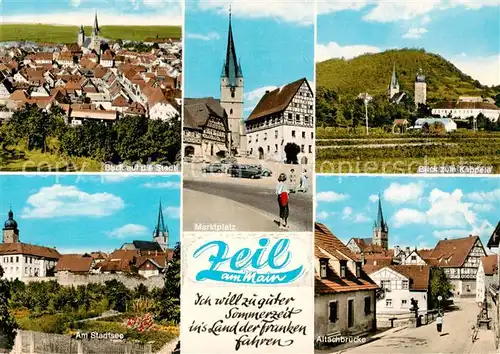 AK / Ansichtskarte 73865879 Zeil_Main Ortsansicht mit Kirche Marktplatz Partie am Stadtsee Altachbruecke Zeil_Main