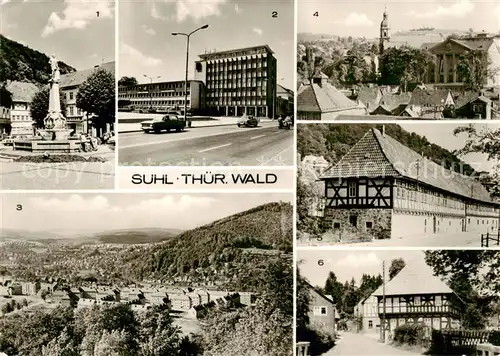 AK / Ansichtskarte  Suhl_Thueringer_Wald Waffenschmiedbrunnen Haus der Gewerkschaften uebersicht Kreiskulturhaus 7. Oktober Museum Fachwerkhaus Suhl_Thueringer_Wald