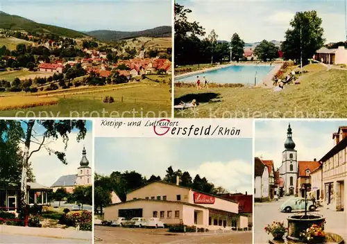 AK / Ansichtskarte 73865891 Gersfeld_Rhoen Panorama Kneipp- und Luftkurort Freibad Blumenpavillon Kurtheater Marktplatz Gersfeld Rhoen