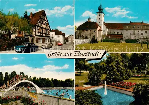AK / Ansichtskarte 73865901 Buerstadt Ortszentrum Kirche Parkanlagen Wasserspiele Freibad Buerstadt