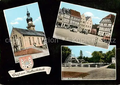 AK / Ansichtskarte  Mellrichstadt Kirche Marktplatz Schwimmbad Freibad Mellrichstadt