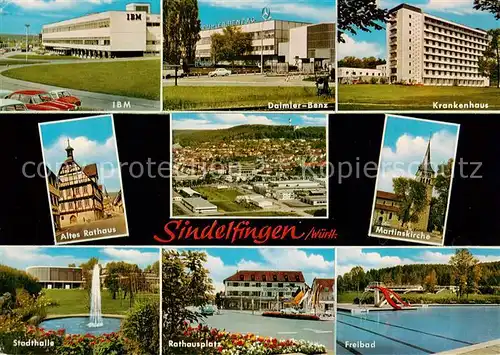 AK / Ansichtskarte  Sindelfingen IBM und Daimler Benz Firmengebaeude Krankenhaus Rathaus Kirche Stadthalle Rathausplatz Freibad Stadtpanorama Sindelfingen