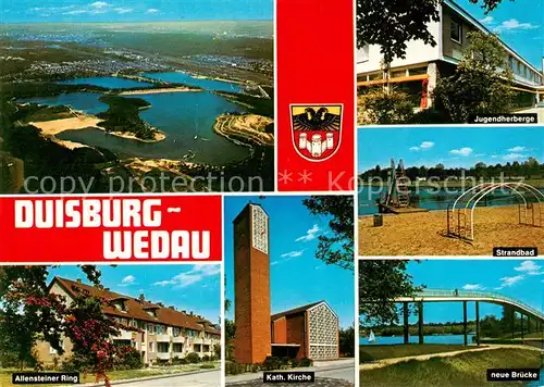 AK / Ansichtskarte 73866240 Wedau_Duisburg Fliegeraufnahme Jugendherberge Strandbad Allensteiner Ring Kath Kirche Neue Bruecke Wedau Duisburg