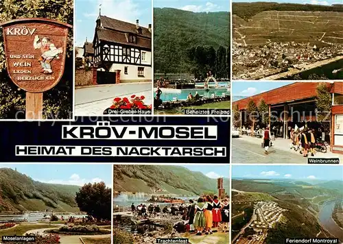 AK / Ansichtskarte  Kroev_Croev_Croev_Mosel Heimat des Nacktarsch Drei-Giebel-Haus Weinbrunnen Trachtenfest Moselanlagen Freibad Feriendorf Montroyal Luftbild 