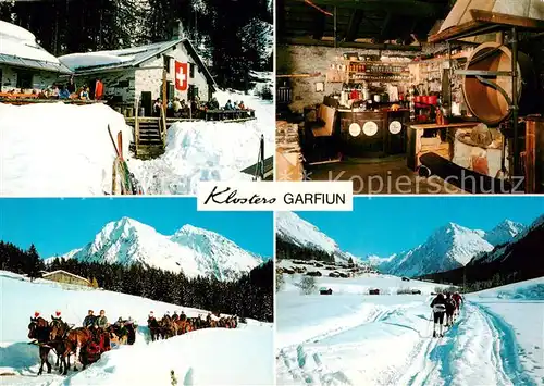 AK / Ansichtskarte  Klosters_GR Alp Garfiun Berghuette Pferdeschlitten Langlauf Winterpanorama Alpen Klosters_GR