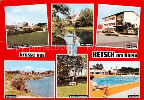 AK / Ansichtskarte 73866520 Ketsch_Rhein Frei und Hallenbad Am Altrhein Rathaus Anglersee Enderle Denkmal Wellenbad Ketsch Rhein