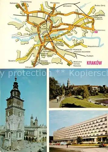 AK / Ansichtskarte 73866628 Krakow_Krakau Marktplatz Rathausturm Tuchhalle Hotel Krakau Landkarte Krakow Krakau