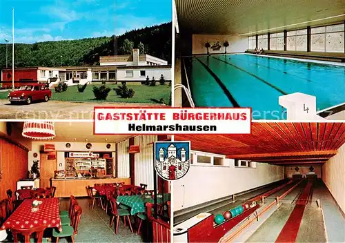 AK / Ansichtskarte  Helmarshausen Gaststaette Buergerhaus Gaststube Hallenbad Kegelbahn Helmarshausen