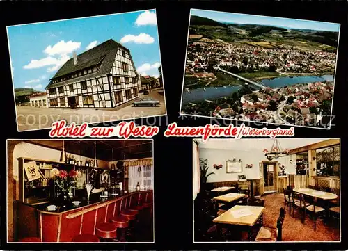 AK / Ansichtskarte 73866782 Lauenfoerde Hotel zur Weser Bar Gaststube Weserbruecke Fliegeraufnahme Lauenfoerde