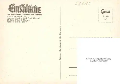 AK / Ansichtskarte  Bonn_Rhein Em Hoettche Historisches Gasthaus am Rathaus Gastraum Bonn_Rhein