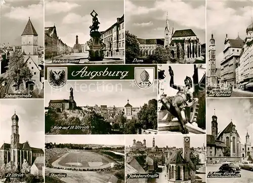 AK / Ansichtskarte 73866873 Augsburg Strassenpartien Innenstadt Herkulesbrunnen Dom Perlachturm Rathaus Kirche Stadion Statue Augsburg