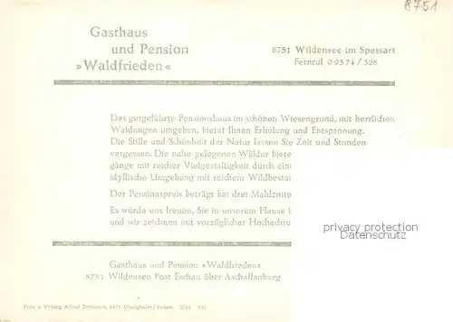 AK / Ansichtskarte  Wildensee_Unterfranken_Spessart_Eschau Gasthaus Pension Waldfrieden Gastraeume Wildpark Terrasse 