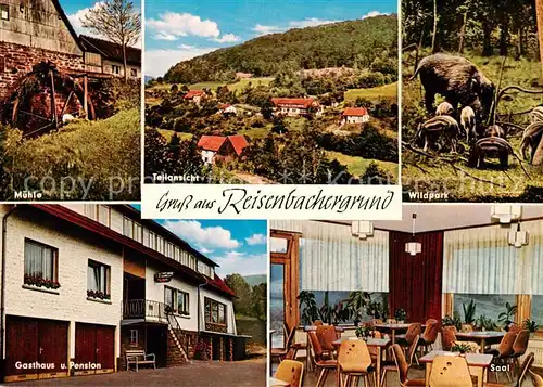 AK / Ansichtskarte  Grund_Reisenbach Gasthaus Pension zum Grund Gastraum Muehle Wildpark Teilansicht Grund Reisenbach