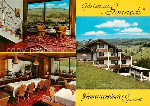 AK / Ansichtskarte 73867163 Frammersbach Gaestehaus Sonneck Gastraum Treppenaufgang Panorama Frammersbach