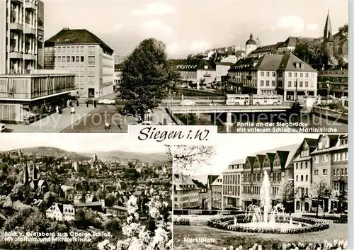 AK / Ansichtskarte  Siegen__Westfalen Partie mit der Siegbruecke Unteres Schloss Martinikirche Blick vom Giersberg Marktplatz Brunnen 