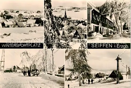 AK / Ansichtskarte 73867310 Seiffen_Erzgebirge Winterpanorama Schlitten Kreuz Gasthaus Seiffen Erzgebirge