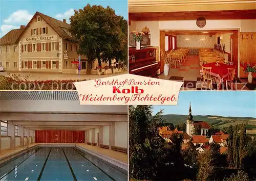 AK / Ansichtskarte  Weidenberg Gasthof Pension Kolb Gaststaette Hallenbad Ortsansicht mit Kirche Weidenberg