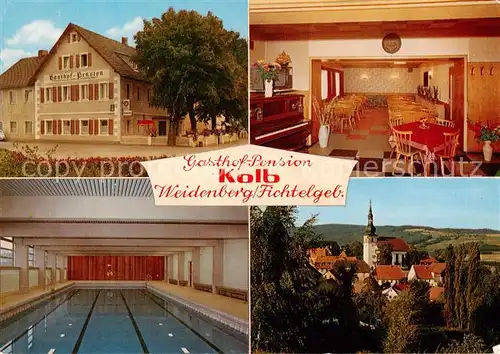 AK / Ansichtskarte 73867362 Weidenberg Gasthof Pension Kolb Gaststaette Hallenbad Ortsansicht mit Kirche Weidenberg