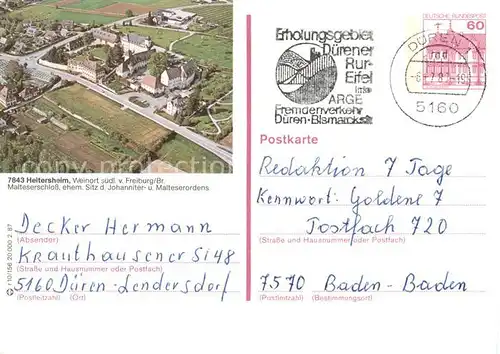 AK / Ansichtskarte 73867423 Heitersheim Malteserschloss Fliegeraufnahme Heitersheim