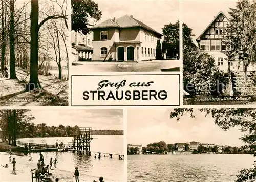 AK / Ansichtskarte  Strausberg_Brandenburg Promenade am Straus See Jugendherberge Kaethe Kollwitz Staedt Badeanstalt Seepanorama Strausberg Brandenburg