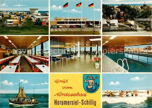 AK / Ansichtskarte 73867556 Horumersiel_Wangerland Teilansichten Speisesaal Foyer Hallenbad Fischerboot Badespass 