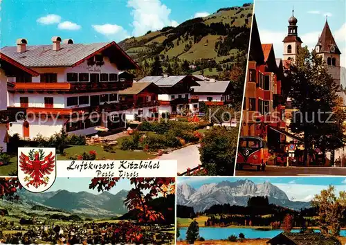 AK / Ansichtskarte 73867592 Kitzbuehel_Tirol_AT Strassenbild mit Haus Toni Sailer Vorderstadt mit Stadtpfarrkirche Panorama Schwarzsee mit Wildem Kaiser 