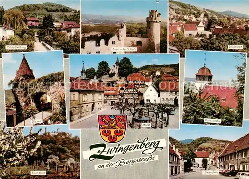 AK / Ansichtskarte 73867595 Zwingenberg_Bergstrasse Orbis Siedlung Auerbacher Schloss Teilansicht Die Aul Markt Kath Kirche Baumbluete Loewenplatz Zwingenberg_Bergstrasse