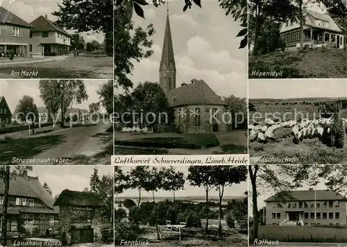 AK / Ansichtskarte 73867721 Schneverdingen Am Markt Strasse nach Heber Landhaus Hoepen Kirche Fernblick Hoepenidyll Heidschnucken Rathaus Schneverdingen