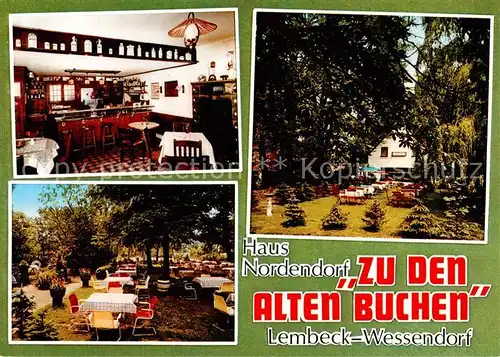 AK / Ansichtskarte 73867736 Wessendorf_Lembeck Haus Nordendorf Zu den alten Buchen Restaurant Garten Werbung Rose-Brauerei 