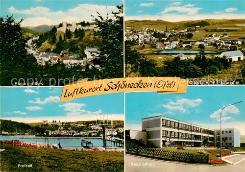 AK / Ansichtskarte 73867935 Schoenecken Partie mit Burg Ortspartie mit Fischweiher Freibad Neue Schule Schoenecken