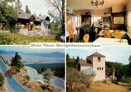 AK / Ansichtskarte  Hohe_Wand_1135m_Niederoesterreich_AT Herrgottschnitzerhaus Gaststube Kirche Panorama 