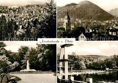 AK / Ansichtskarte  Friedrichroda Panorama Kirche Fontaene Schwimmbad Friedrichroda