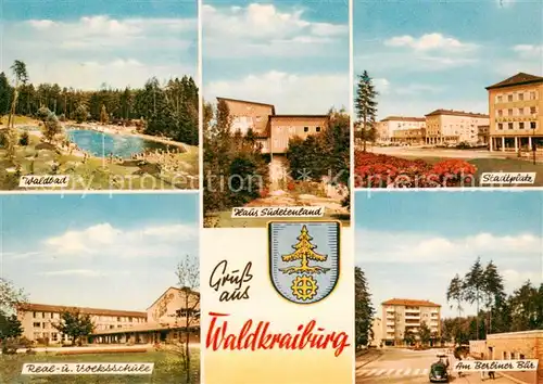 AK / Ansichtskarte 73868096 Waldkraiburg Waldbad Real und Volksschule Haus Sudetenland Stadtplatz Am Berliner Baer Waldkraiburg