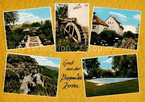 AK / Ansichtskarte 73868114 Zersen_Hessisch-Oldendorf Pension Restaurant Pappmuehle Garten Swimming Pool Wasserrad Landschaftspanorama Felsen 