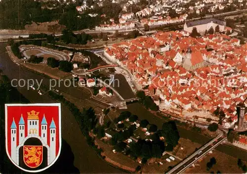 AK / Ansichtskarte  Hann._Muenden Blick auf Kernstadt und Tanzwerder mit Campingplatz Wappen Hann. Muenden