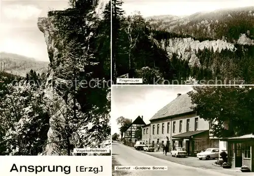 AK / Ansichtskarte 73868172 Ansprung Gasthof Goldene Sonne Landschaftspanorama Vogeltoffelfelsen Ringmauer Erzgebirge Ansprung