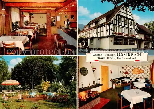 AK / Ansichtskarte  Saalhausen_Sauerland Gasthof Pension Gastreich Gaststube Garten Fachwerkhaus Saalhausen_Sauerland