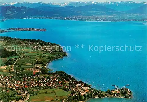 AK / Ansichtskarte  Wasserburg_Bodensee Fliegeraufnahme mit Blick auf Lindau Bregenz und Vorarlberger Hochgebirge Wasserburg Bodensee