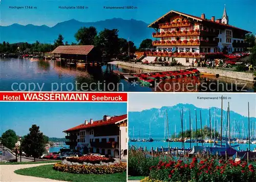 AK / Ansichtskarte  Seebruck_Chiemsee Hotel Wassermann mit Hochgern Hochplatte Kampenwand Bootshafen Seebruck Chiemsee