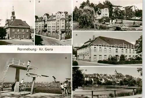 AK / Ansichtskarte  Roenneburg Rat der Stadt HO Wismutspeisegaststaette und Hotel Glueck auf Schwimmbad Sprungturm Karl Marx Platz Bergarbeiterklubhaus Karl Marx Am Baederteich Roenneburg