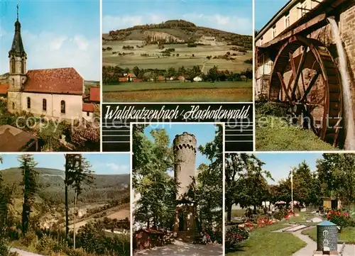 AK / Ansichtskarte  Waldkatzenbach Hochodenwald Kirche Panorama Muehlenrad Aussichtsturm Minigolfplatz Waldkatzenbach