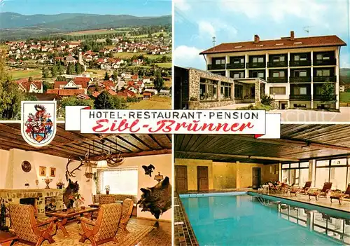 AK / Ansichtskarte 73868837 Frauenau Hotel Restaurant Pension Eibl Brunner Gastraum Hallenbad Panorama Frauenau