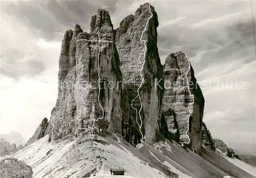 AK / Ansichtskarte 73868876 Dolomiti__Dolomiten_IT Tre Cime di Lavaredo Versante Nord Est Preuss-Relly Dibona Stuebler con a variante Steger Demuth Lichtenegger Peringer 