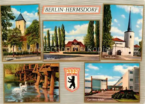 AK / Ansichtskarte 73868890 Hermsdorf_Berlin Dorfkirche Bahnhof Kath Kirche Fliesstal Carl Benz Schule Hermsdorf Berlin