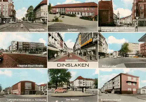 AK / Ansichtskarte 73869134 Dinslaken Hauptstrasse Bahnhof Duisburger Strasse mit Rathaus Friedrich Ebert Strasse Neustrasse Bahnstrasse Lehrschwimmbecken Turnhalle Am Neutor Ruhrknappschaft Dinslaken