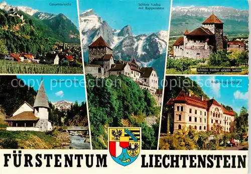 AK / Ansichtskarte 73869180 Fuerstentum_Liechtenstein Panorama Schloss Vaduz mit Rappenstein und Saentis Kirchlein in Steg Regierungsgebaeude 