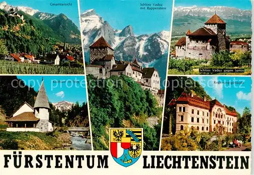 AK / Ansichtskarte  Fuerstentum_Liechtenstein Panorama Schloss Vaduz mit Rappenstein und Saentis Kirchlein in Steg Regierungsgebaeude 